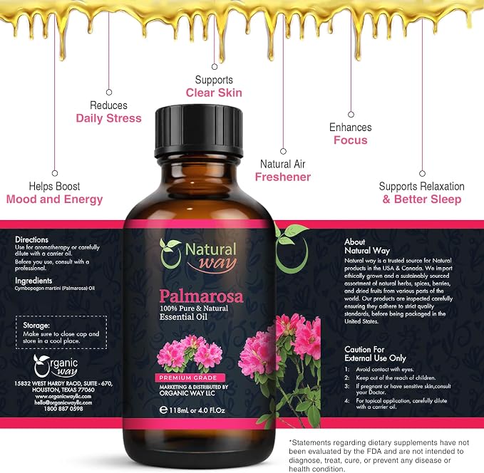 Palmarosa Essential Oil for Diffusers | Natural Aroma Oil for Home Fragrance, Humidifier & DIY Candle Making, Long Lasting Scent for Office, Bedroom & Soothing Scent 4 Fl Oz (120 mL)