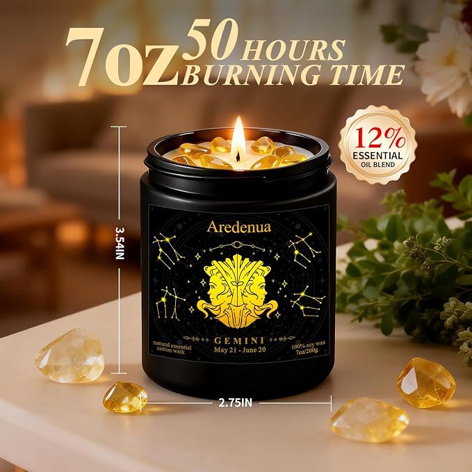 Gemini Birthday Gifts for Women | Zodiac Crystal Candle with Genuine Citrine Healing Crystals, Lemon Scented Soy Candle 7oz 50 Hour Burn for Anxiety Relief, Unique Astrology Gifts for Gemini