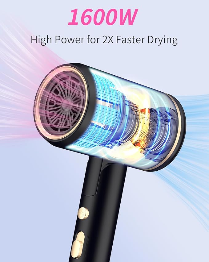 Foldable Portable Ionic Hair Dryer 1600W - Compact Mini Blow Dryer with Diffuser, Concentrator & Comb Nozzle, Intelligent Temperature Control, Low Noise for Home, Salon & Travel (Black)