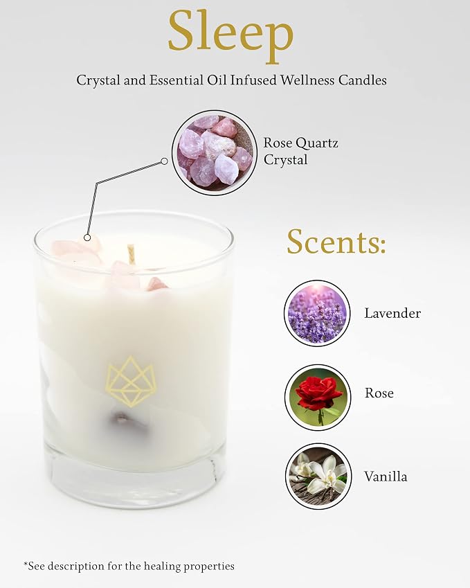 Luxury Glass Jar Candle, 14.5 OZ, Sleep - Rose Quartz Crystal Infused - Scents of Rose, Lavender, and Vanilla - Tranquility, Love, & Comfort - Coconut Wax, Valentine's Day Gift