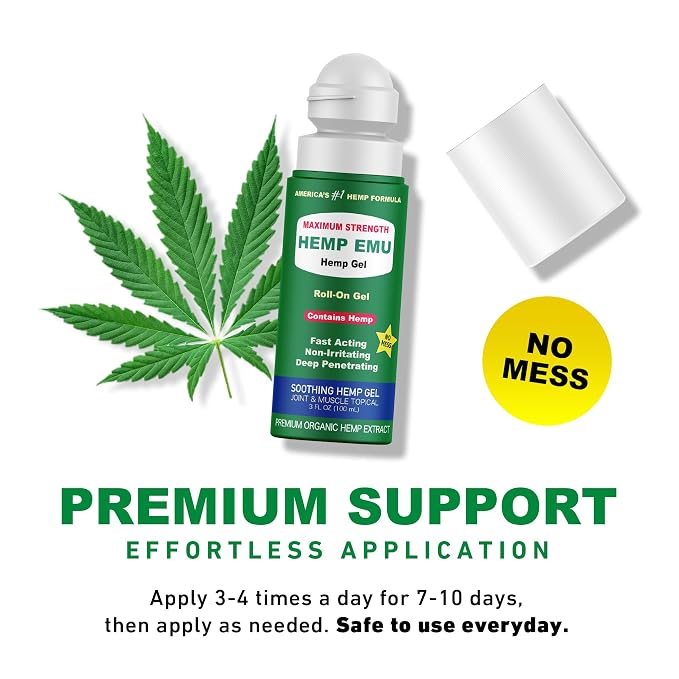 Hemp Emu - Hemp Roll On Gel - Muscle Rub for Back & Joint Discomfort - Soothing Gel with Organic Hemp Oil, Emu Oil, Menthol, Eucalyptus, Aloe Vera