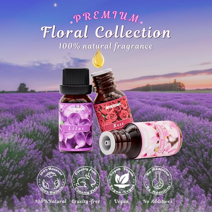 ARVIDSSON Floral Essential Oils Set, Natural Flower Essential Oil Gift for Women - Rose, Gardenia, Cherry Blossom, Honeysuckle, Lilac, Blue Lotus, Scented Oil for Diffuser, Valentines Day Gift for Her