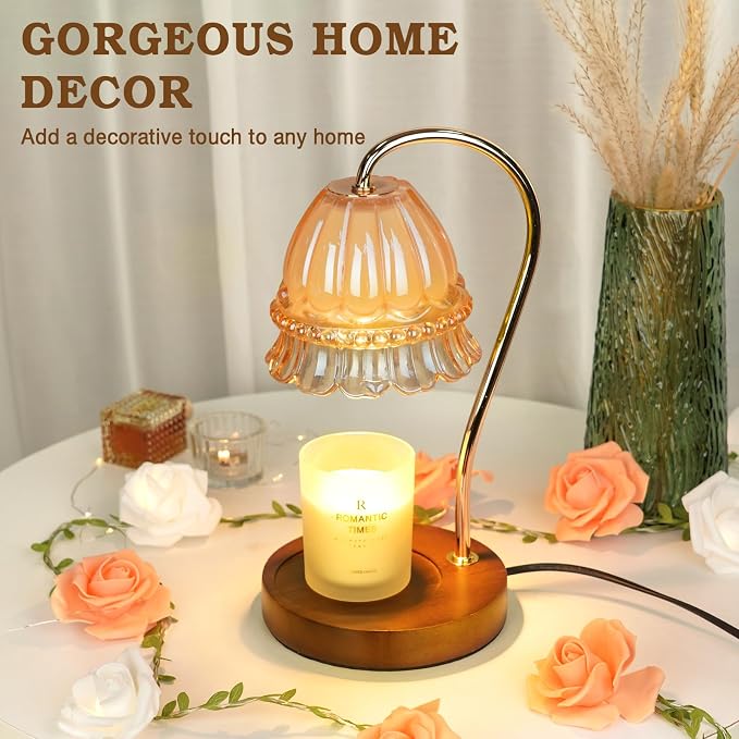 Funistree Flower Candle Warmer Lamp with Timer, Dimmable Candle Lamp Warmer, Christmas Birthday Gifts for Women Mom Her, Housewarming Home Decor, Lotus Wax Warmer for Yankee - Amber Flower 10 Inch