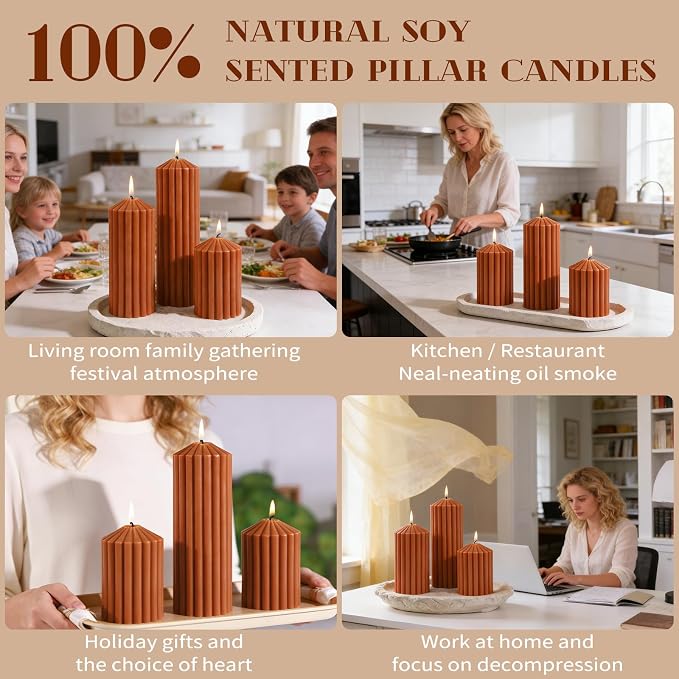 Burnt Orange Ribbed Pillar Candles Set of 3-Spiced Orange,Cinnamon & Clove Scented Soy Wax，Aesthetic Retro Textured Pillars-2.8x4,6,8in,High-Low Trio for Boho Home Decor,Spa & Gifting