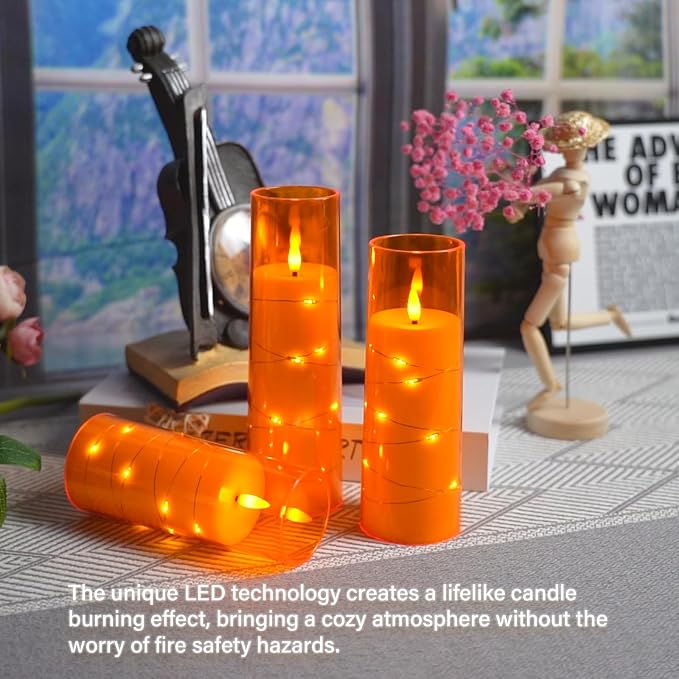 Eebuss Flameless Candles with Embedded Star String, Battery Operated LED Pillar Candles with Timer and Remote Control,Home Decorating for Ambiance, Set of 7 (Orange)