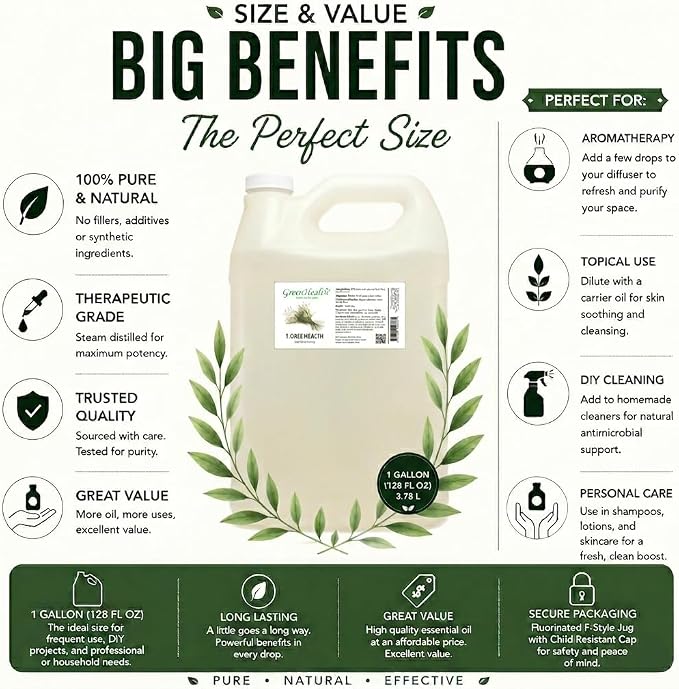 Tea Tree Essential Oil – 1 Gallon (128 oz) – 100% Pure & Undiluted – Bulk Size for Small Business, Aromatherapy, Cleaning, DIY Projects – GreenHealth