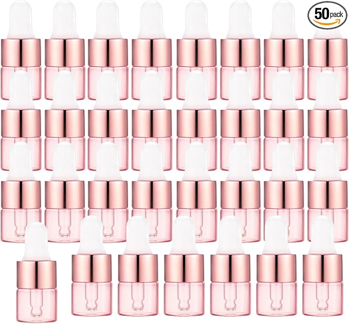 Sample Dropper Bottles, Mini Dropper Bottles with 2 Pcs Plastic Droppers for Traveling Essential Oils DIY Cosmetic Liquid Sample Perfume (Rose Pink, 1ML)