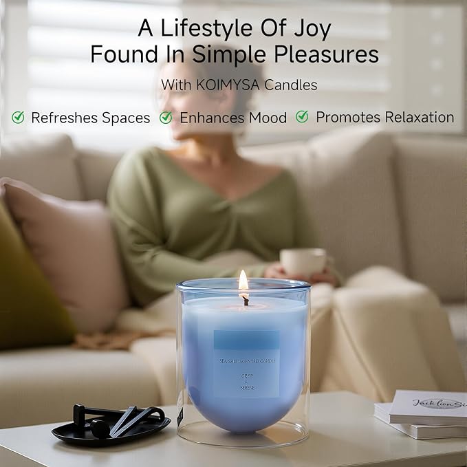 Aromatherapy Candle Gifts for Women Men Friends, Ocean Scented Summer Single Wick Soy Wax Jar Candle, Blue
