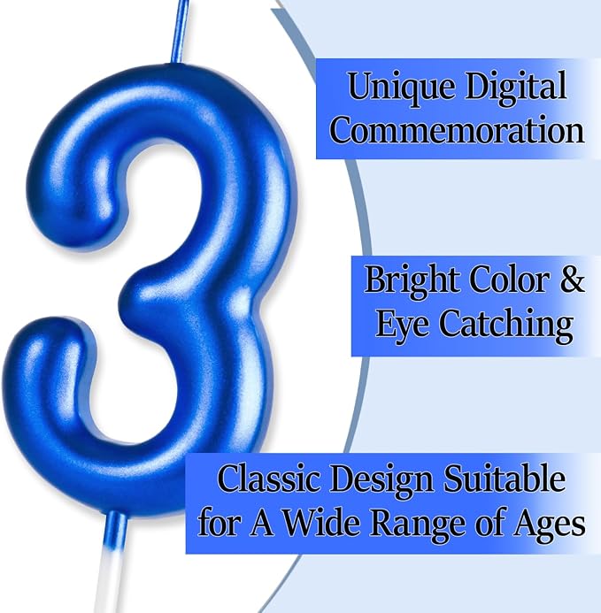 2.76“ Large 5 Birthday Candle, Five Candle for 5th Birthday Boy, Number 5 Candle for Boys Blue Theme Birthday Party Decorations, Blue Birthday Candles for Michael Jackson Birthday Decorations