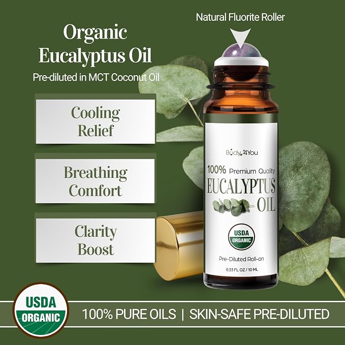 Eucalyptus Essential Oil Roll On for Sinus Congestion Headache - 100% Pure USDA Organic MCT Coconut Oil - Cooling Breathwork Chest Aromatherapy Mental Clarity Focus - Gemstone Roller 10ml Travel Size