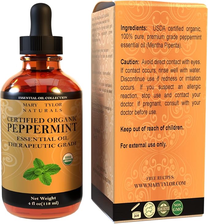 Organic Peppermint Essential Oil 4 oz, USDA Certified Mentha Piperita, Perfect for Aromatherapy, Diffuser, DIY by Mary Tylor Naturals