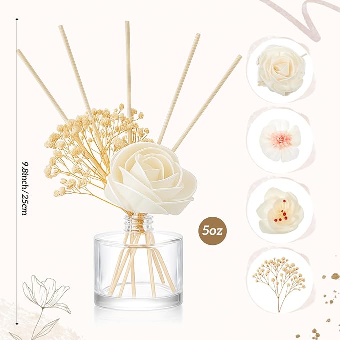 Daifunli 11 Pcs Flower Reed Diffuser Set Include Sola Flowers Diffuser Sticks with 5oz Empty Design Bottles Fragrance Rice Paper Natural Flower for Bedroom Office Bathroom Shelf Decor Gift(Elegant)