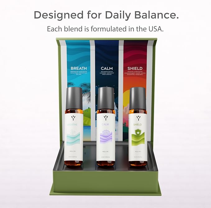 Essential Oil Roll-On Gift Sets, 100% Pure Therapeutic Grade Aromatherapy Blends, 10ml Each, 3-Piece Collection (Wellness Trio - Shield | Breathe | Calm (3 pc Set))