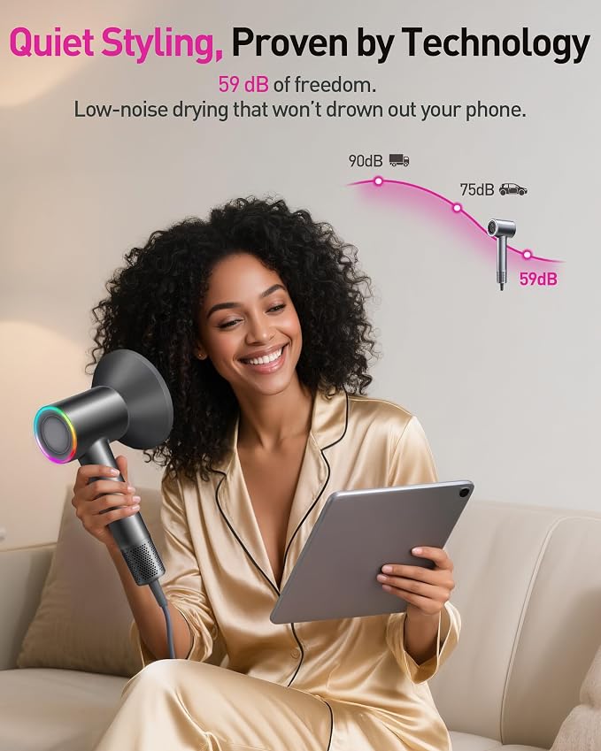 High-Speed Hair Dryer, 160,000 RPM Brushless Motor for Ultra-Fast Drying, 500M Ionic Negative for Frizz Reduce, Low Noise Thermo-Control Blow Dryer with Diffuser for Curly Hair Women and Men,Grey