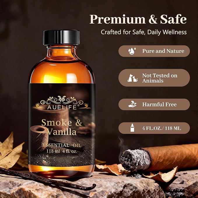 Auelife 4oz Smoke & Vanilla Men Essential Oils for Diffusers for Home - Long Lasting Fragrance Oil for Candle & Soap Making, Father's Day & Birthday Gifts for Him - Masculine Scented Oil for Men Gift