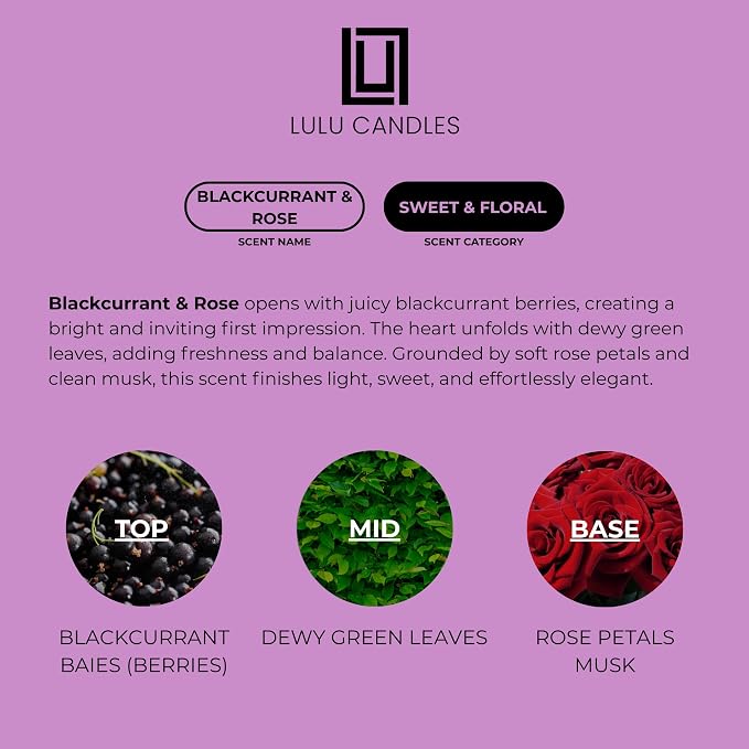 Lulu Candles | Blackcurrant & Rose | Smells Musky & Floral | Luxury Scented Soy Jar Candle | Hand Poured in The USA | Highly Scented Long Lasting (9 Oz.)