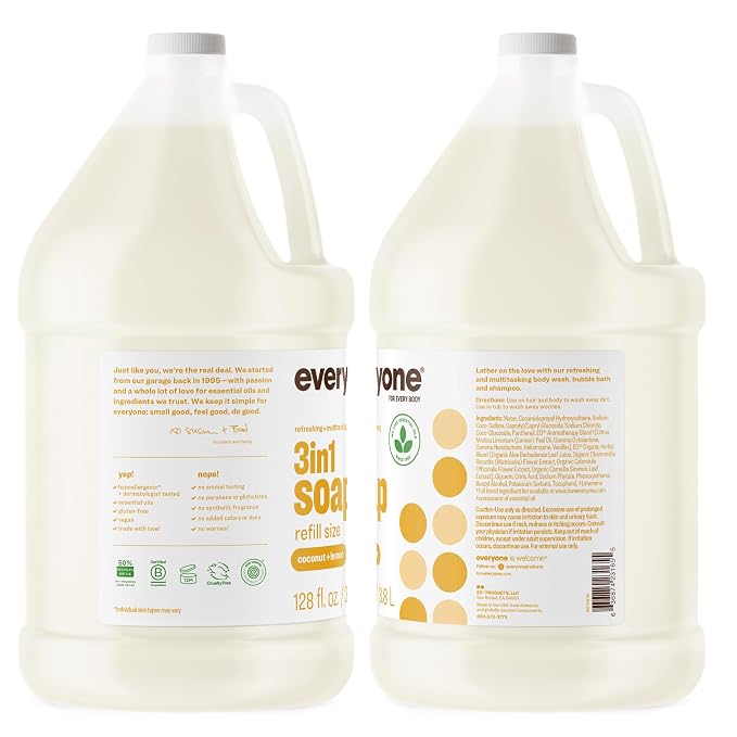 Everyone 3-in-1 Soap, Body Wash, Bubble Bath, Shampoo, 1 Gallon, Coconut and Lemon, made with Essential Oils for Men and Women