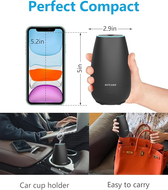Car Diffuser for Essential Oils, Small Portable Car Essential Oil Diffuser with Built-in USB Cable, Mini Aromatherapy Air Scent Humidifier Diffuser for Travel/Office/Home (Elegant Black)