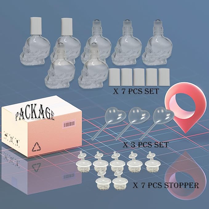 7 pcs Set 10ml Mini Skull Glass Oil Roller Bottles Leakproof Essential Oils Bottle for Storage and Travel (transparent)