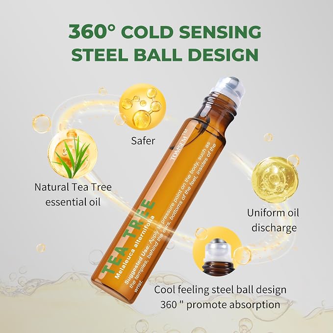 Tea Tree Oil Roll On, Tea Tree Essential Oil Rollerball for Skin Care, Scalp & Nail Care, Fresh Herbal Aromatherapy Roll-On, Portable Travel Size Essential Oil for Women and Men