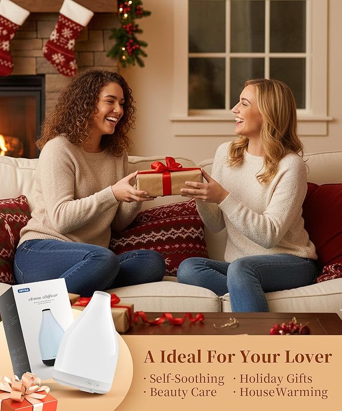 Essential Oil Diffuser for Large Room, Modern Stylish Aroma Diffusers Home Decoration, 12 Hours Cool Mist Ultrasonic Humidifier, Colorful Ambient Light & 1-3-6H Timer Off, White