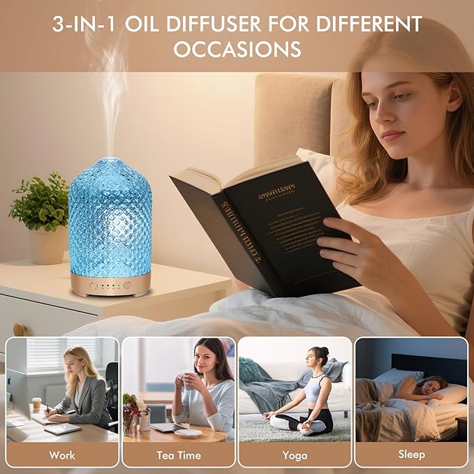Essential Oil Diffuser for Home- 200ml Aromatherapy Diffuser for Essential Oils with 4 Timer, 7 Color LED Lights Waterless Auto Shut-Off for Home Office Décor Gifts for Women