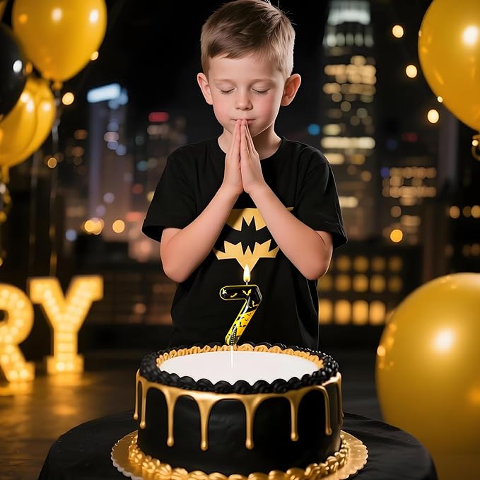 Black Yellow Number 7 Birthday Candle for Cake – Dark Night Hero Style with Bat & City Silhouette Design – Unique Cake Topper for Birthday, Anniversary, Themed Party Decoration