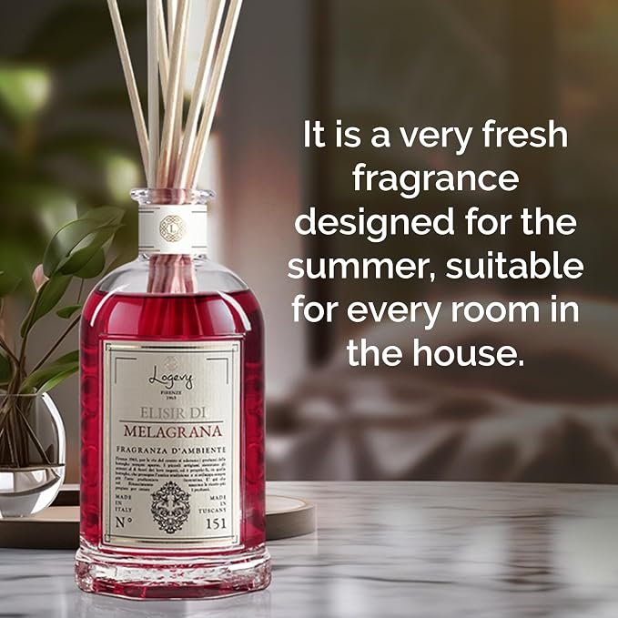 Logevy Firenze 1965 Elisir Di Melagrana – Pomegranate Elixir Luxury Home Fragrance Diffuser with Floral & Fruity Notes in Elegant Glass Bottle with 12 Natural Bamboo Reeds – 500ml