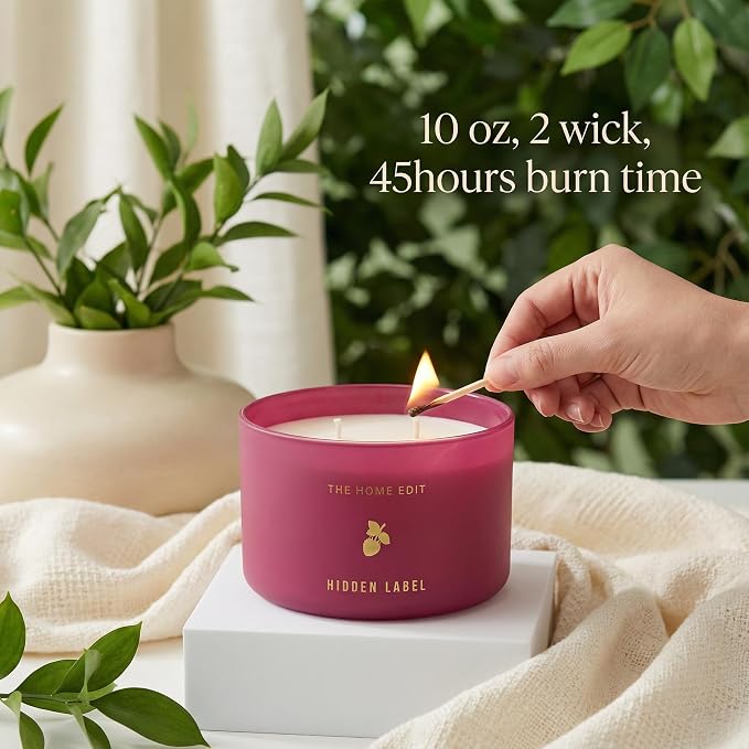 Hidden Label Raspberry Mint Pink Soy Candle, 10oz 2-Wick, 45H Clean Burn | Juicy Berry Cool Aromatherapy | Non-Toxic Vegan Phthalate-Free | Even Melt No Tunneling | Rose Frosted Reusable Gift Jar