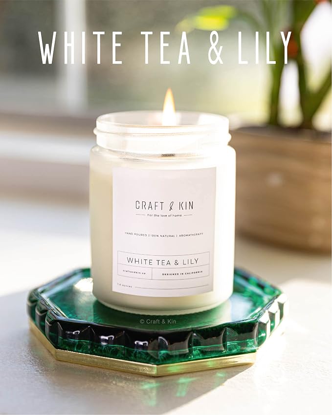 Craft & Kin Premium White Tea & Lily Scented Candle – Long Lasting, 45 Hour Burn Time – Luxury Natural Soy Scented Candle with Wood Wick – Room Decor and Aromatherapy – 8 oz