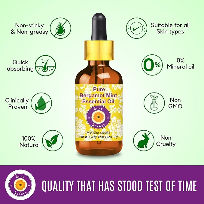 Deve Herbes Pure Bergamot Mint Essential Oil (Mentha citrata) with Glass Dropper Steam Distilled 10ml (0.33 oz)