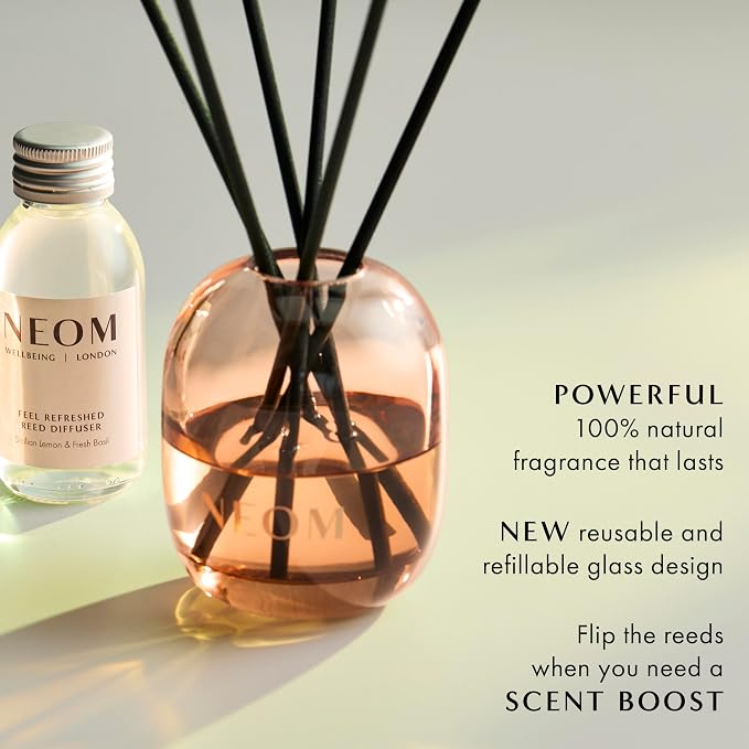 NEOM Feel Refreshed Reed Diffuser, 100ml | Sicilian Lemon & Basil I Pure Essential Oils I 100% Natural Fragrances I Lasts 12 Weeks I Refillable and Reusable