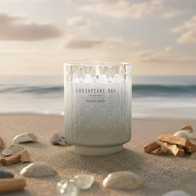 Chesapeake Bay, 8oz Salted Sands Scented Candle, Mood Evoking Fragrance, Textured Sea Glass-Inspired Jar, Premium Soy Blend Wax with Essential Oils, Coastal Fragrance for Home Décor or Gifting