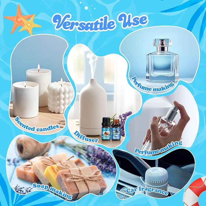 Summer Essential Oils for Diffuser - Ocean Wind, Tropical Coconut, Seashore Stroll, Hawaiian Suntan, Jamaica Crazy, Watermelon Splashing, Tropical Scented Oil for Home, Candle Making