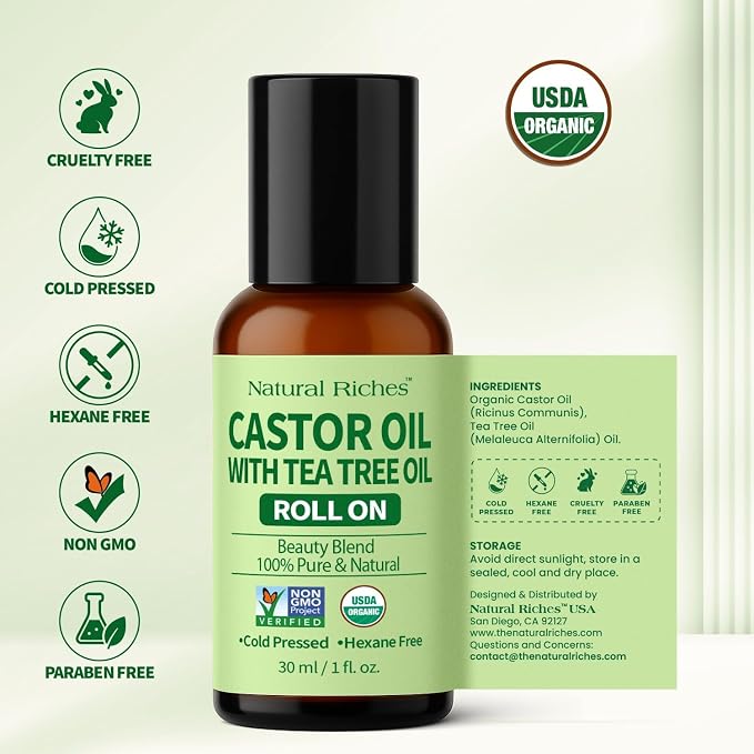 Natural Riches Castor Oil with Tea Tree Oil – Glass Roll-On Bottle for Hair Growth, Eyelashes & Eyebrows – Cold Pressed, 100% Pure, Scalp Care for Dry, Itchy Scalp – Travel Size Roller 1 fl oz.