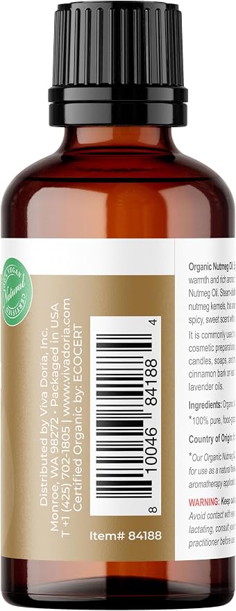 Viva Doria Nutmeg Essential Oil, USDA Certified, Organic Nutmeg Oil, 100% Pure, Natural Essential Oil, Undiluted, for Aromatherapy | Food Grade, 30 mL (1 Fluid Ounce)