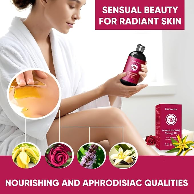 Massage Oil 8 oz - Organic Body Massage Oil with Ylang Ylang, Patchouli & Vanilla Rose - Relaxing Massage Therapy