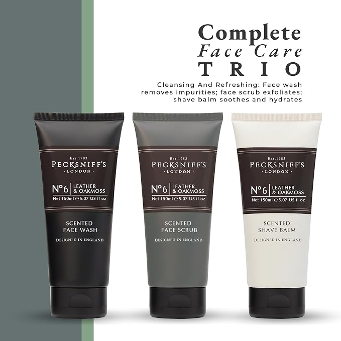 Pecksniff’s Men’s Trio Face Collection – Leather & Oakmoss – Face Wash, Scrub & Shave Balm Gift Set, 3 x 75ml