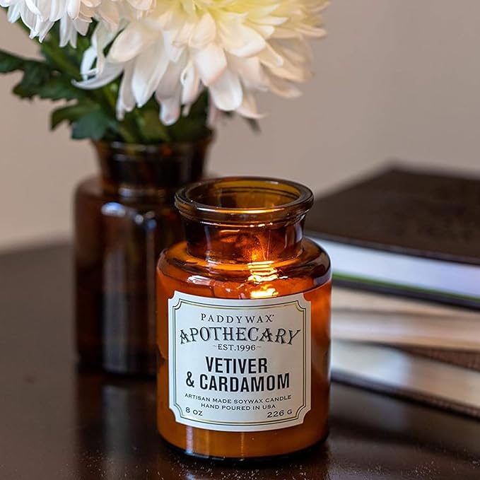 Paddywax Artisan Apothecary Scented Candle with Lid in Reusable Glass Jar, Clean-Burn Soy Candle with Approx. 54 Hour Burn Time, Vetiver & Cardamom, 8 oz.