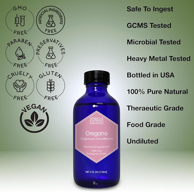 Zongle Therapeutics Oregano Oil, Food Grade, Safe for Ingestion, Edible, for Drops, Kids – 100% Pure, Oregano Essential Oil, 4 OZ