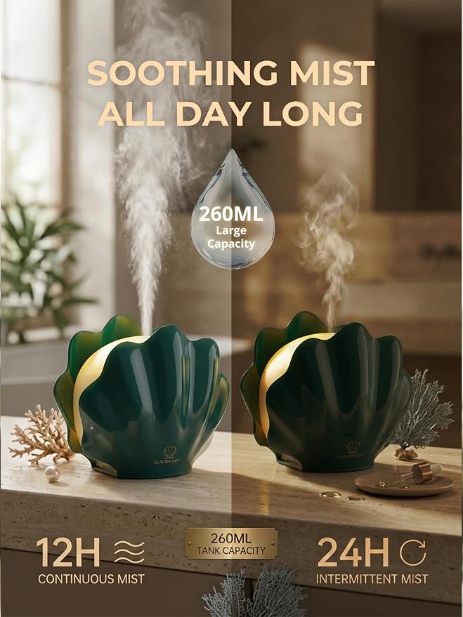 Essential Oil Diffuser 260ML, Shell Aroma Diffuser with Remote Control Humidifier with 7 Colors LED Night Light for Bedroom Home Relaxation (Green)