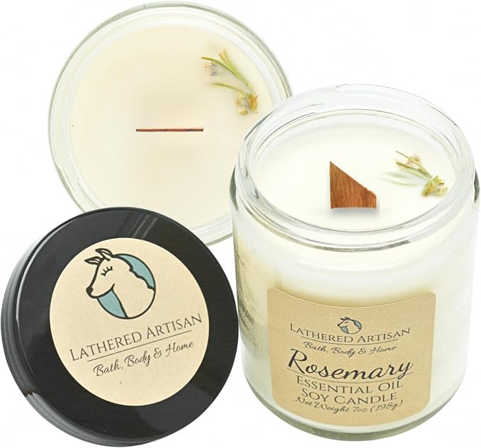 Rosemary Scented Essential Oil Candle 7 oz, Hand Crafted Pure Soy Wax Candle with Wooden Wick, Dried Botanicals, 54 Hour Burn Time, Natural Aromatherapy Glass Jar Candle with Lid by Lathered Artisan