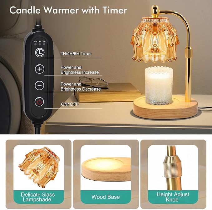 Candle Warmer Lamp with Timer - Electric Wax Melt Warmer with Adjustable Height and Dimmer for Scented Candle Wax, Home Fragrance Décor and House Warming Birthday Gifts for Women Mom