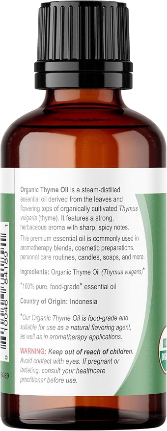 Viva Doria Thyme Essential Oil, USDA Certified, Organic Thyme Oil, 100% Pure, Natural Essential Oil, Undiluted, for Aromatherapy | Food Grade, 30 mL (1 Fluid Ounce)
