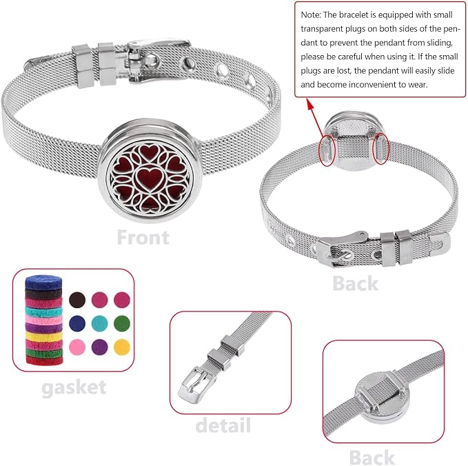 Essential Oil Diffuser Bracelet with Gift Box Aromatherapy Locket Adjustable Stainless Steel Heart Watch Chain Bracelet with 10 Pcs Refill Pads for Women