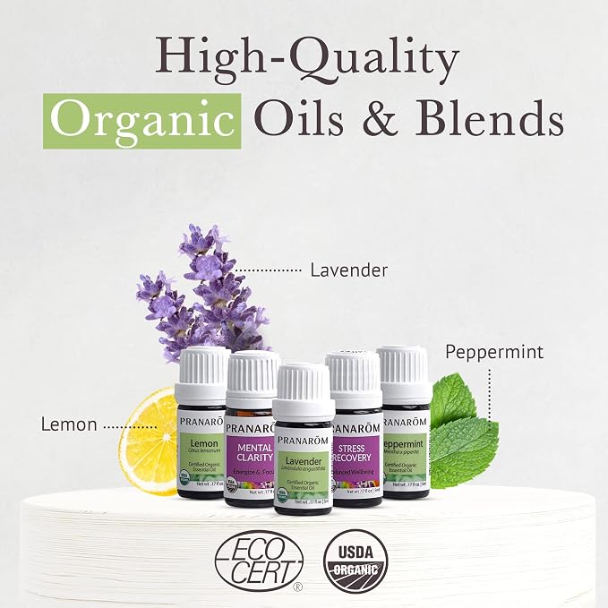 Pranarom - Essential Oil Starter Kit (Lavender, Lemon, Peppermint, Grapefruit, Sage) 5ml USDA Certified Organic