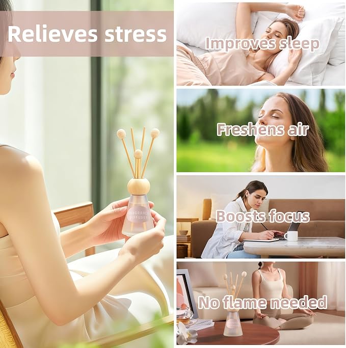 Reed Diffuser Set, White Musk Scent with Reed Sticks, 1.7 fl oz / 50ml Cone-Shaped Bottle with Round Wooden Cap, Ideal for Bathroom, Bedroom, Office, Home Fragrance for Shelf Decor Air Freshener Gift