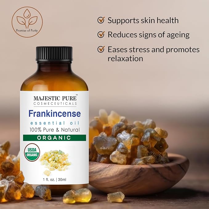 Majestic Pure Organic Frankincense Essential Oil with Glass Dropper - 1 Fl Oz - 100% Pure and Natural Frankincense Oil - Premium Grade Essential Oils for Diffuser, Aromatherapy, Soap and Candle Making