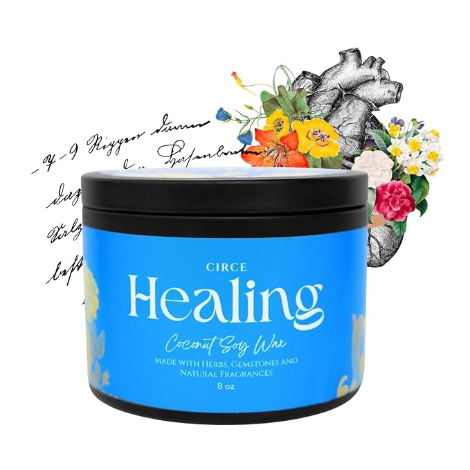 Circe Spell Candle “Healing” Coconut Soy Wax Candle Jar – Premium Hand Poured & Long Burning – Herbs, Crystals & Natural Fragrance Oils- Emotional & Physical Renewal - Calming, Self Care, Gift- 8oz