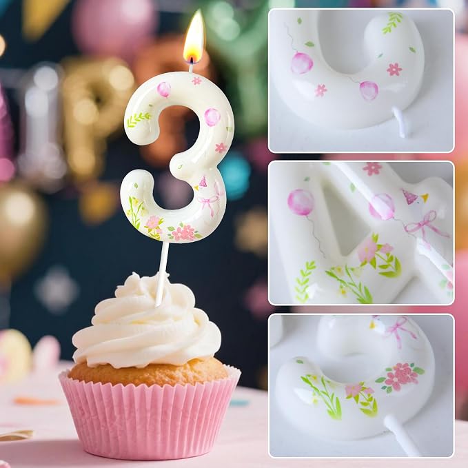 Number 3 Birthday Candle for Cake – Goose Inspired Design with Floral, Balloon & Leaf Details – Farm Theme Cake Topper for Birthday Party Decoration